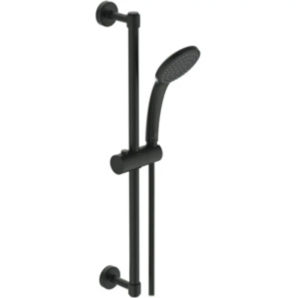 Brausekombination von Ideal Standard mit schwarzem Design. Bestehend aus einer Handbrause und einer Halterung, montiert an zwei vertikalen Stangen.